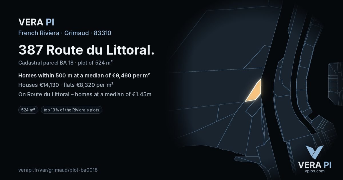 387 Route du Littoral, Grimaud at night – the plot lit, the parcels around coloured by the prices near them
