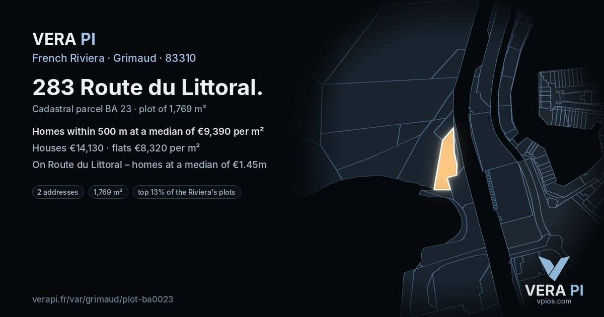 283 Route du Littoral, Grimaud at night – the plot lit, the parcels around coloured by the prices near them