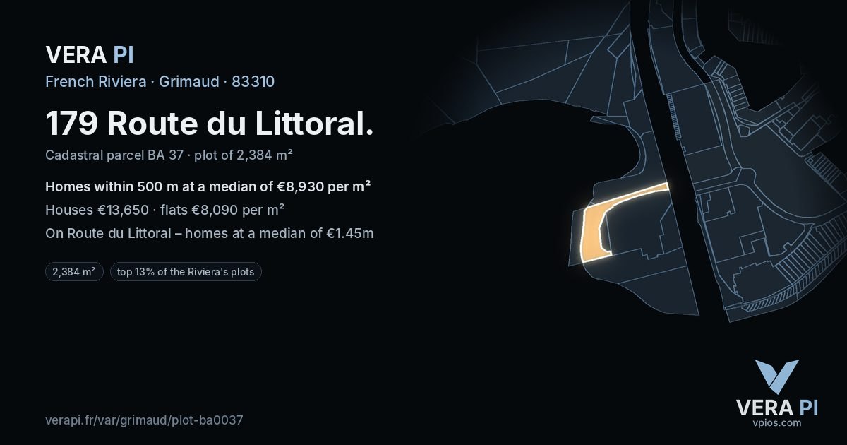 179 Route du Littoral, Grimaud at night – the plot lit, the parcels around coloured by the prices near them