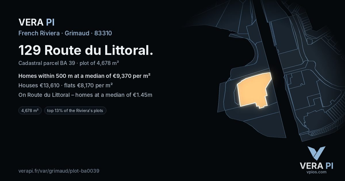 129 Route du Littoral, Grimaud at night – the plot lit, the parcels around coloured by the prices near them