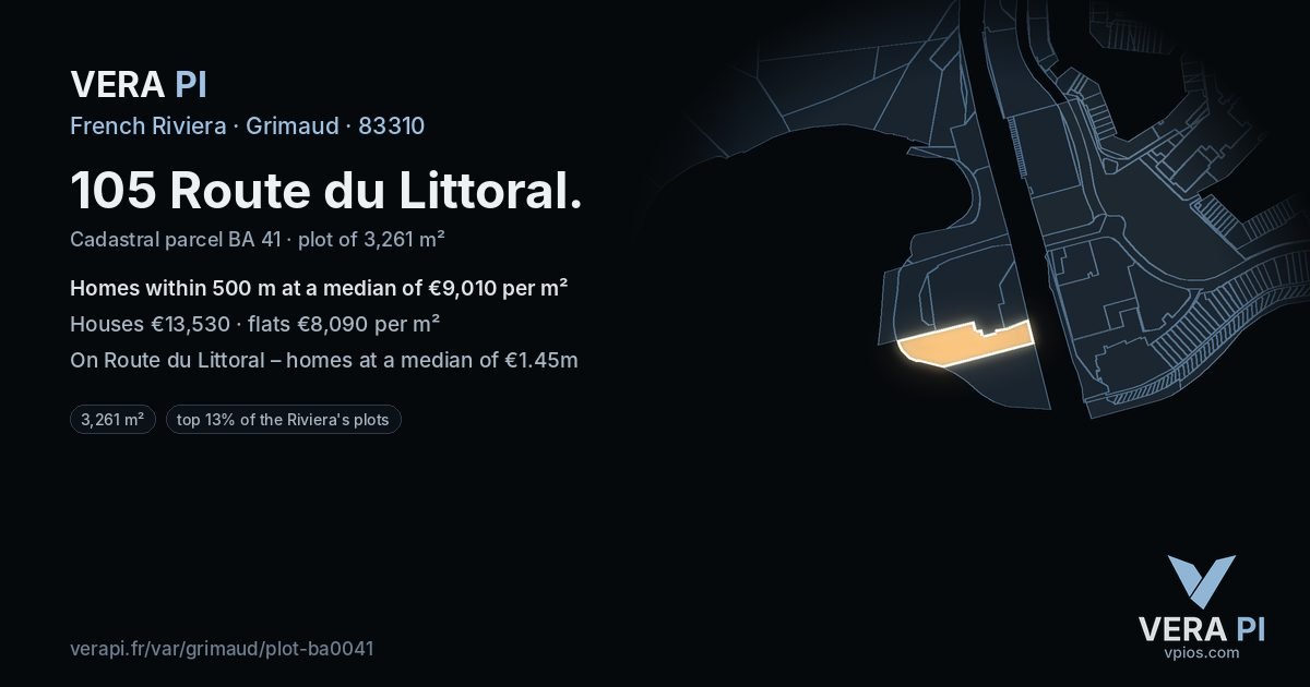 105 Route du Littoral, Grimaud at night – the plot lit, the parcels around coloured by the prices near them