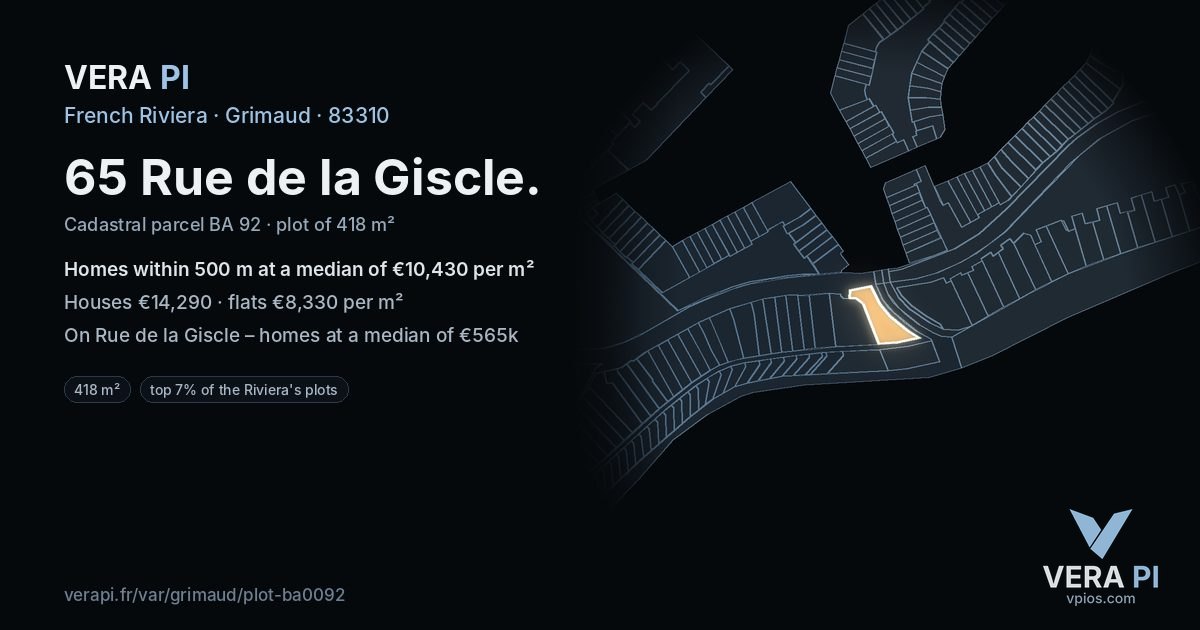 65 Rue de la Giscle, Grimaud at night – the plot lit, the parcels around coloured by the prices near them