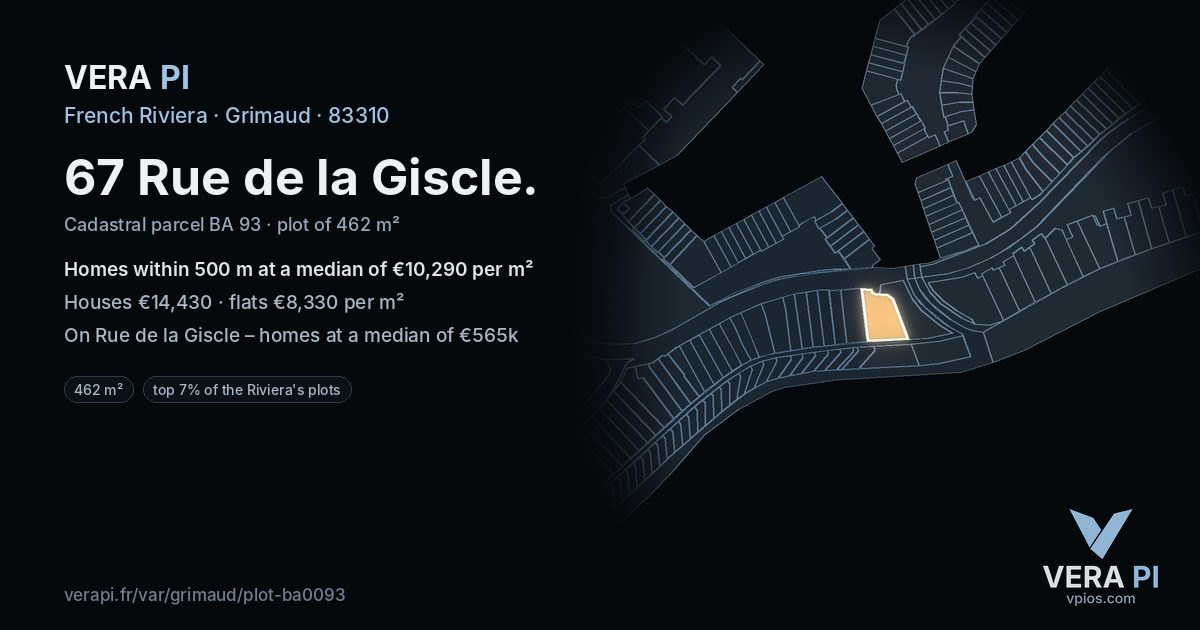 67 Rue de la Giscle, Grimaud at night – the plot lit, the parcels around coloured by the prices near them