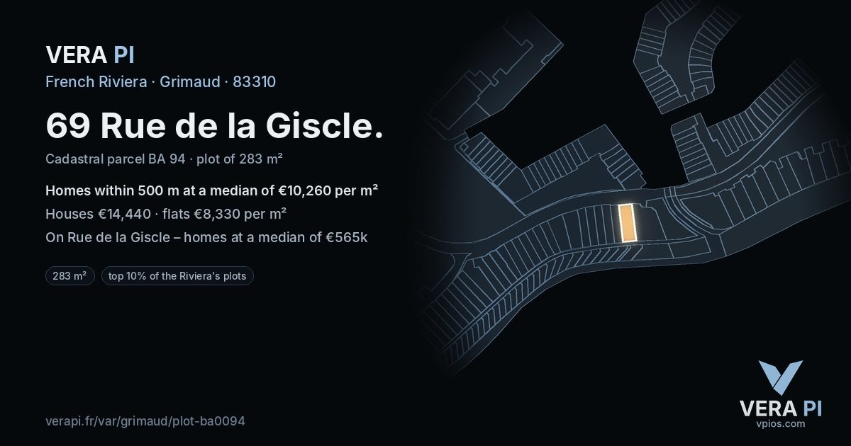 69 Rue de la Giscle, Grimaud at night – the plot lit, the parcels around coloured by the prices near them