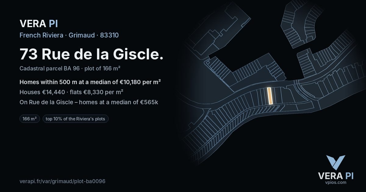 73 Rue de la Giscle, Grimaud at night – the plot lit, the parcels around coloured by the prices near them