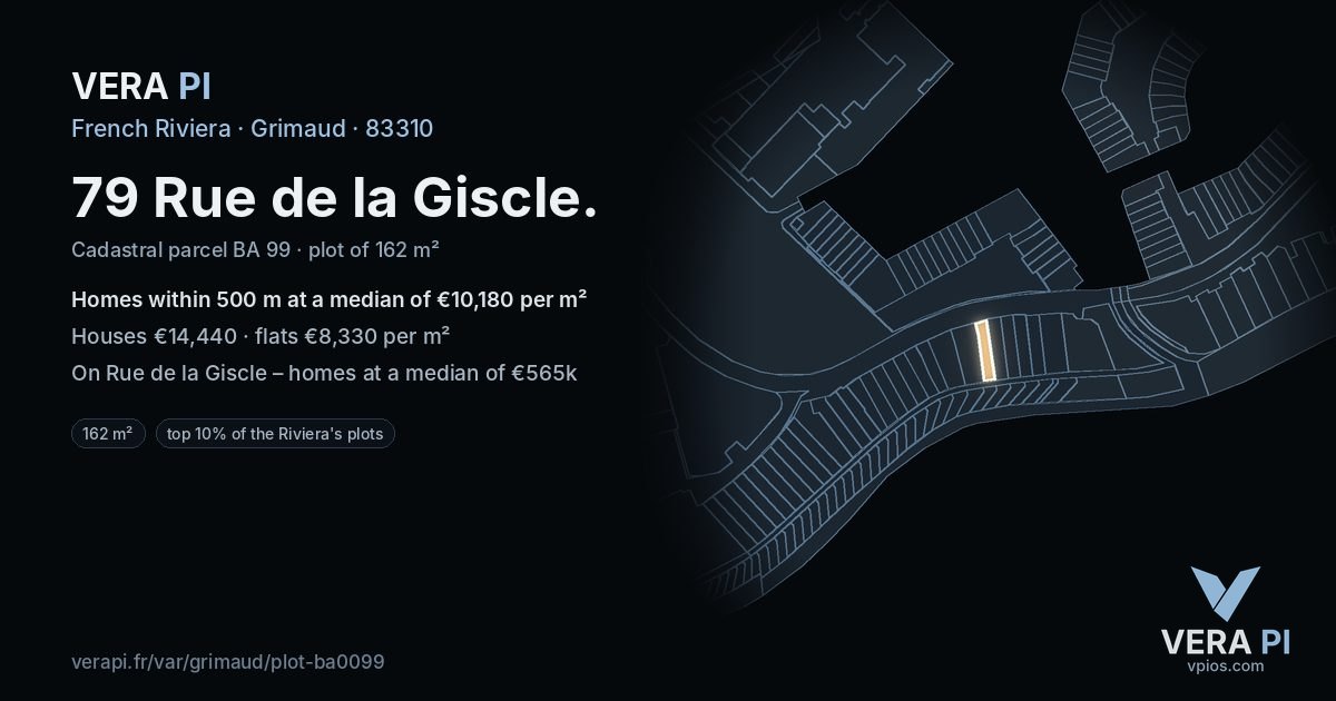 79 Rue de la Giscle, Grimaud at night – the plot lit, the parcels around coloured by the prices near them
