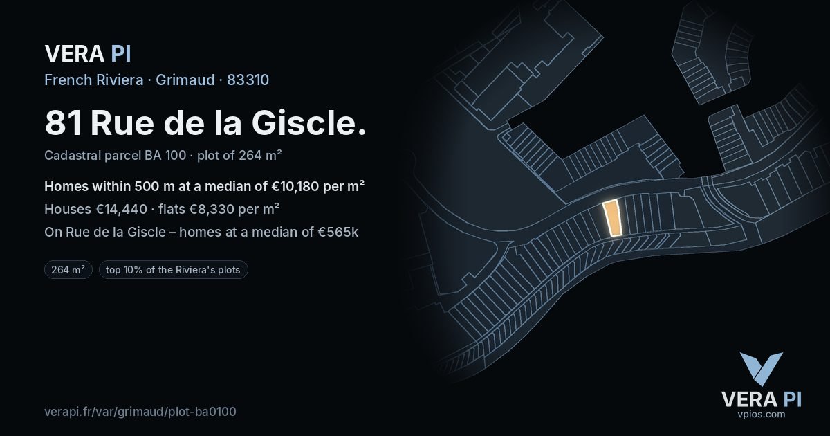 81 Rue de la Giscle, Grimaud at night – the plot lit, the parcels around coloured by the prices near them