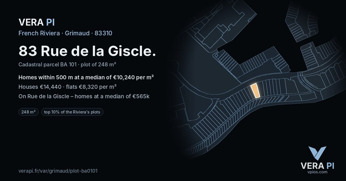 83 Rue de la Giscle, Grimaud at night – the plot lit, the parcels around coloured by the prices near them