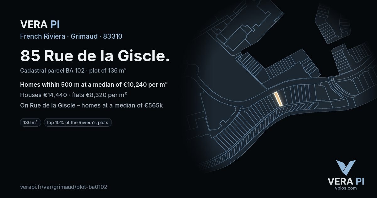 85 Rue de la Giscle, Grimaud at night – the plot lit, the parcels around coloured by the prices near them