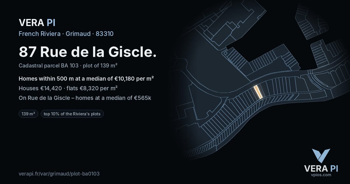87 Rue de la Giscle, Grimaud at night – the plot lit, the parcels around coloured by the prices near them