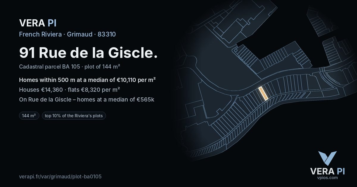 91 Rue de la Giscle, Grimaud at night – the plot lit, the parcels around coloured by the prices near them