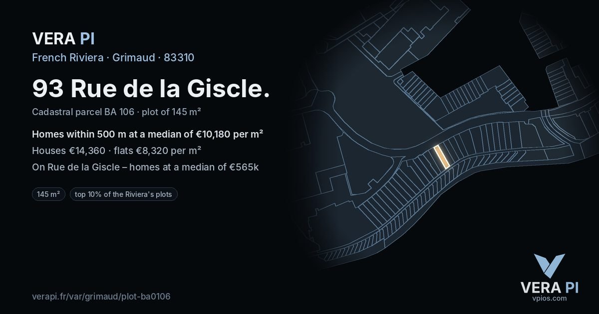 93 Rue de la Giscle, Grimaud at night – the plot lit, the parcels around coloured by the prices near them