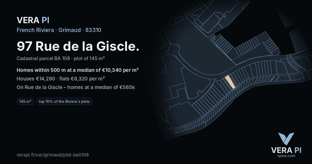 97 Rue de la Giscle, Grimaud at night – the plot lit, the parcels around coloured by the prices near them