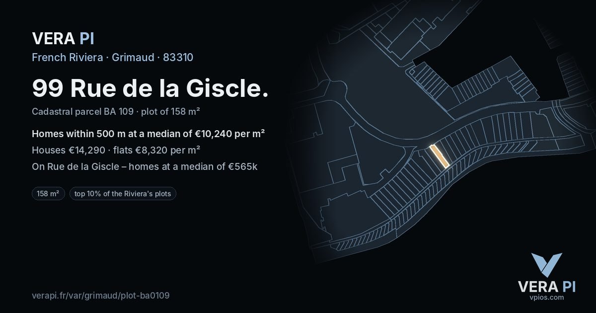 99 Rue de la Giscle, Grimaud at night – the plot lit, the parcels around coloured by the prices near them
