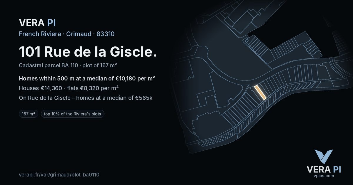 101 Rue de la Giscle, Grimaud at night – the plot lit, the parcels around coloured by the prices near them