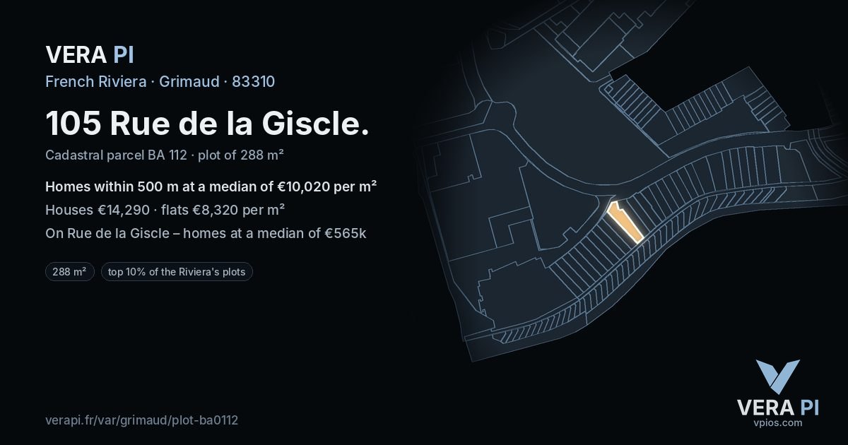 105 Rue de la Giscle, Grimaud at night – the plot lit, the parcels around coloured by the prices near them