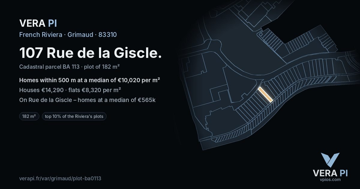 107 Rue de la Giscle, Grimaud at night – the plot lit, the parcels around coloured by the prices near them
