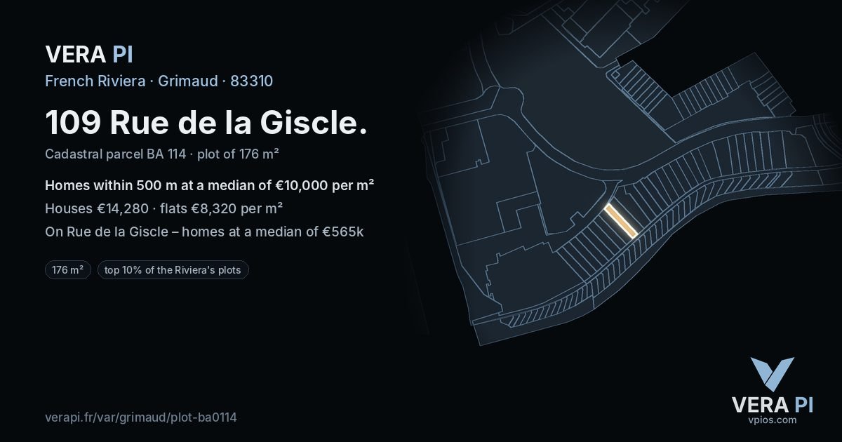 109 Rue de la Giscle, Grimaud at night – the plot lit, the parcels around coloured by the prices near them