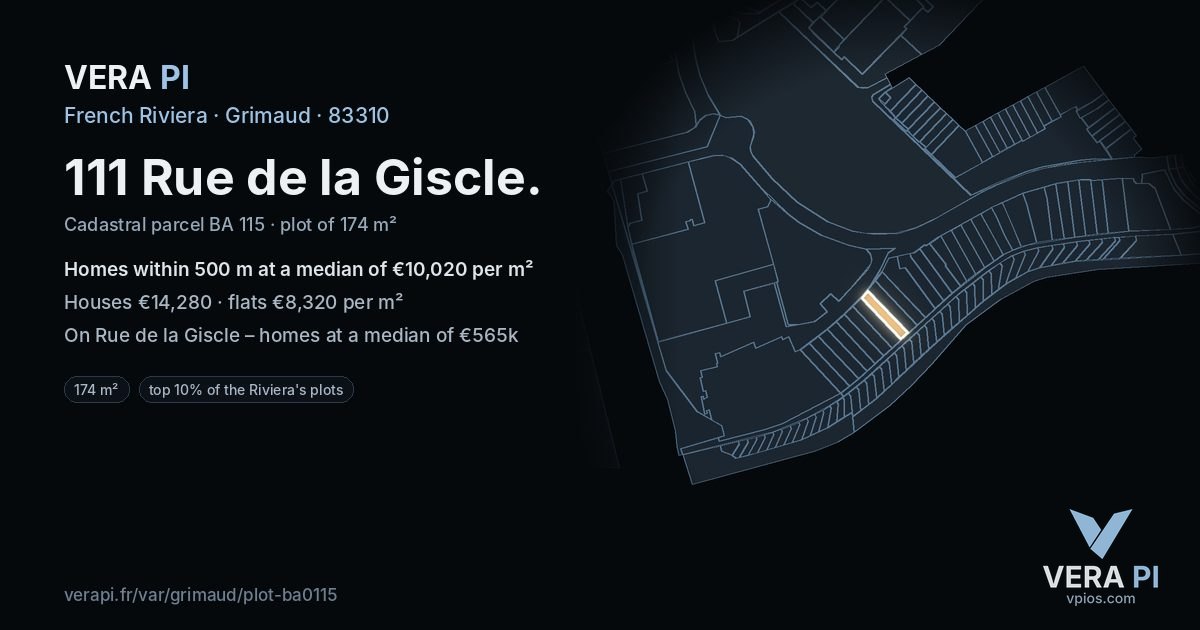 111 Rue de la Giscle, Grimaud at night – the plot lit, the parcels around coloured by the prices near them
