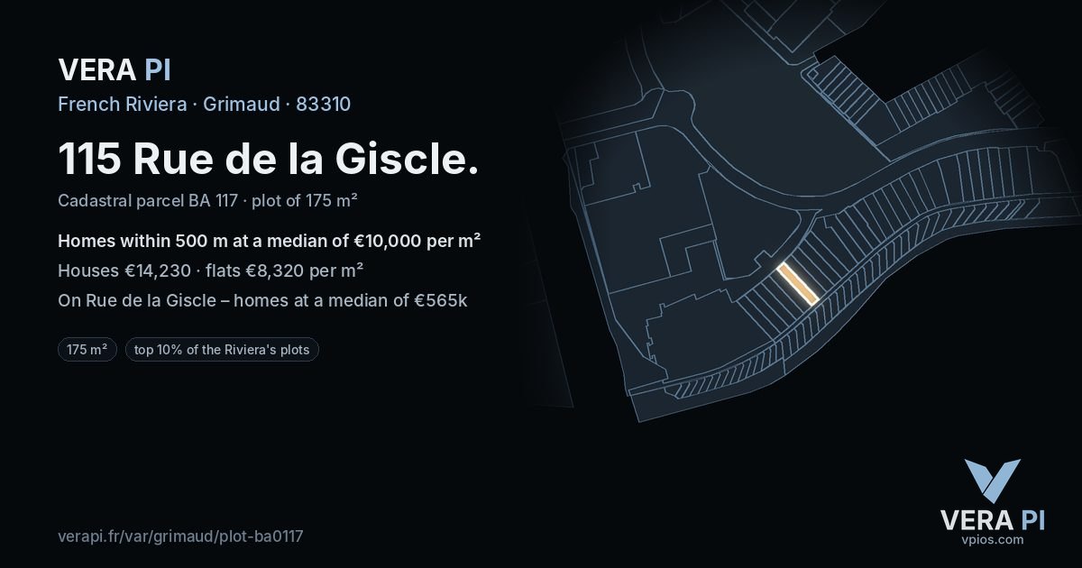 115 Rue de la Giscle, Grimaud at night – the plot lit, the parcels around coloured by the prices near them