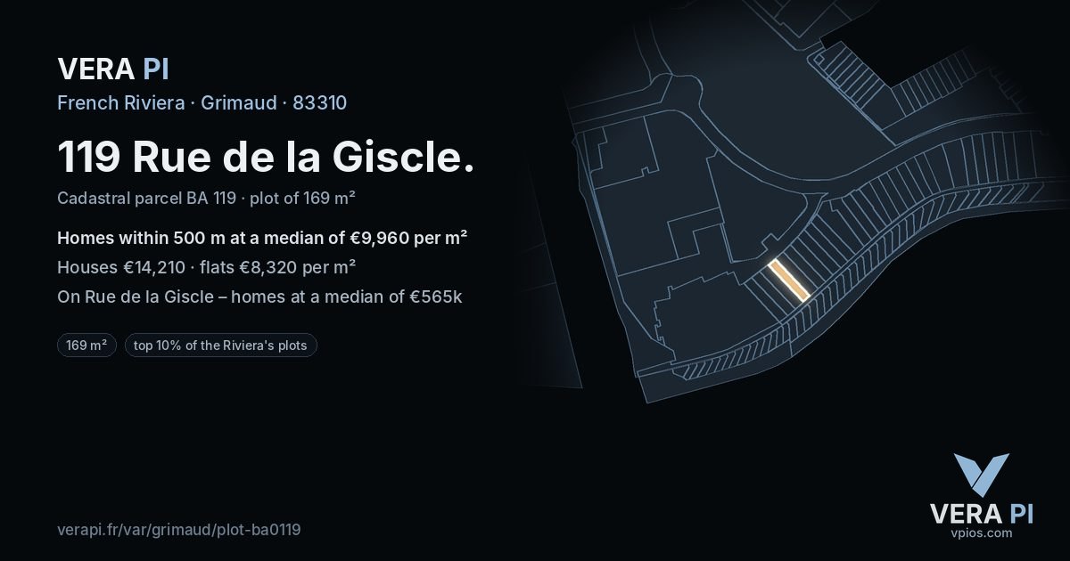 119 Rue de la Giscle, Grimaud at night – the plot lit, the parcels around coloured by the prices near them