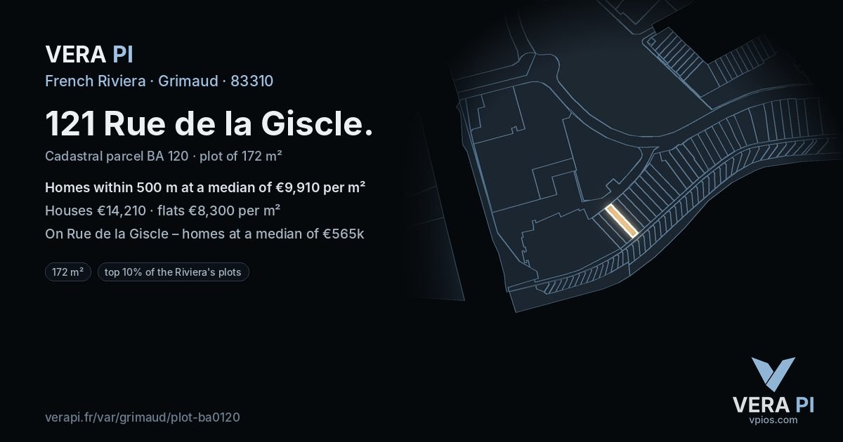 121 Rue de la Giscle, Grimaud at night – the plot lit, the parcels around coloured by the prices near them