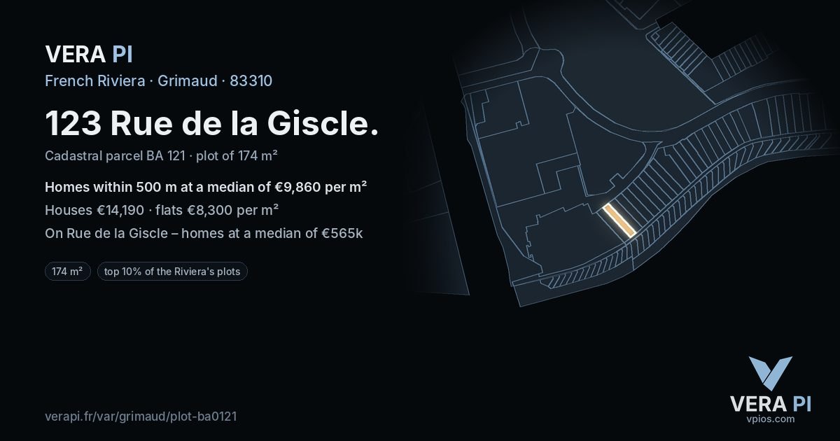 123 Rue de la Giscle, Grimaud at night – the plot lit, the parcels around coloured by the prices near them