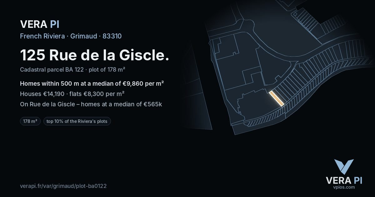125 Rue de la Giscle, Grimaud at night – the plot lit, the parcels around coloured by the prices near them
