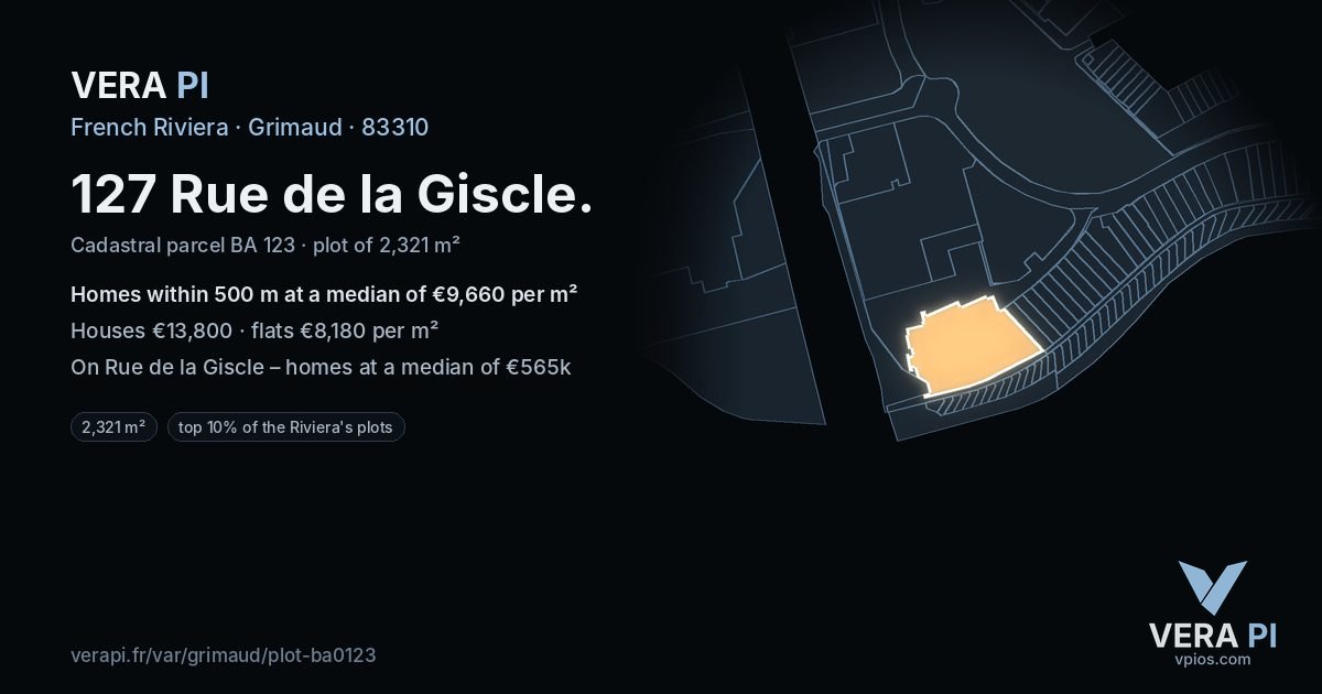 127 Rue de la Giscle, Grimaud at night – the plot lit, the parcels around coloured by the prices near them