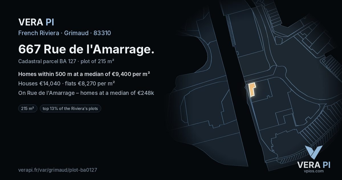 667 Rue de l'Amarrage, Grimaud at night – the plot lit, the parcels around coloured by the prices near them
