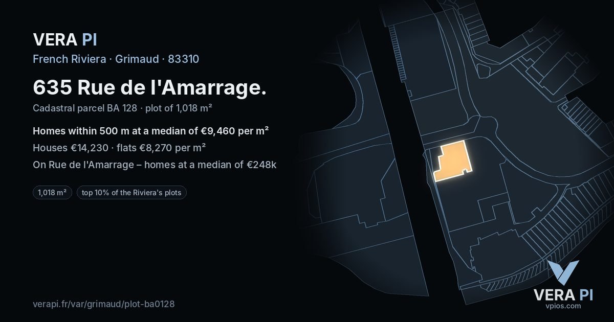 635 Rue de l'Amarrage, Grimaud at night – the plot lit, the parcels around coloured by the prices near them
