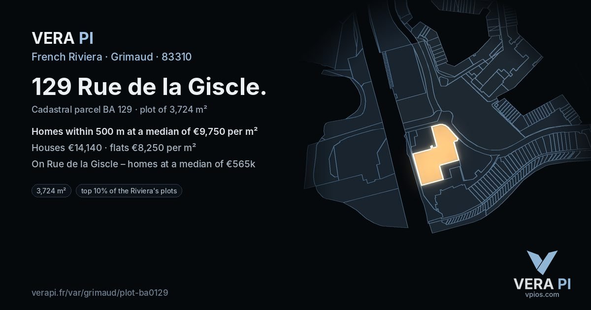 129 Rue de la Giscle, Grimaud at night – the plot lit, the parcels around coloured by the prices near them