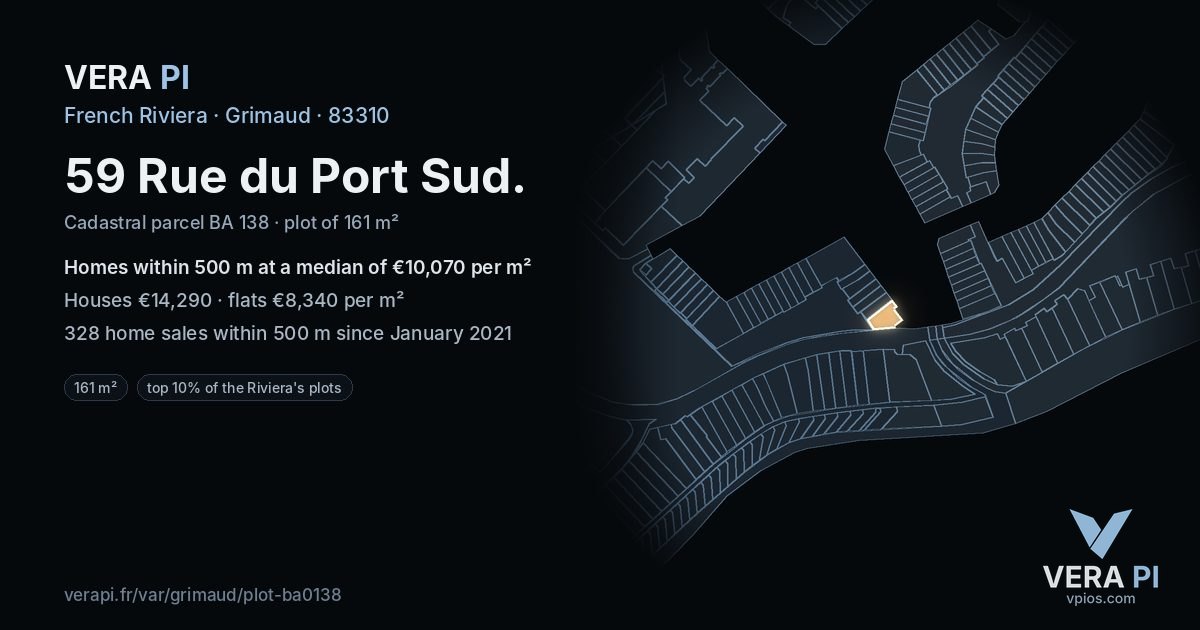 59 Rue du Port Sud, Grimaud at night – the plot lit, the parcels around coloured by the prices near them
