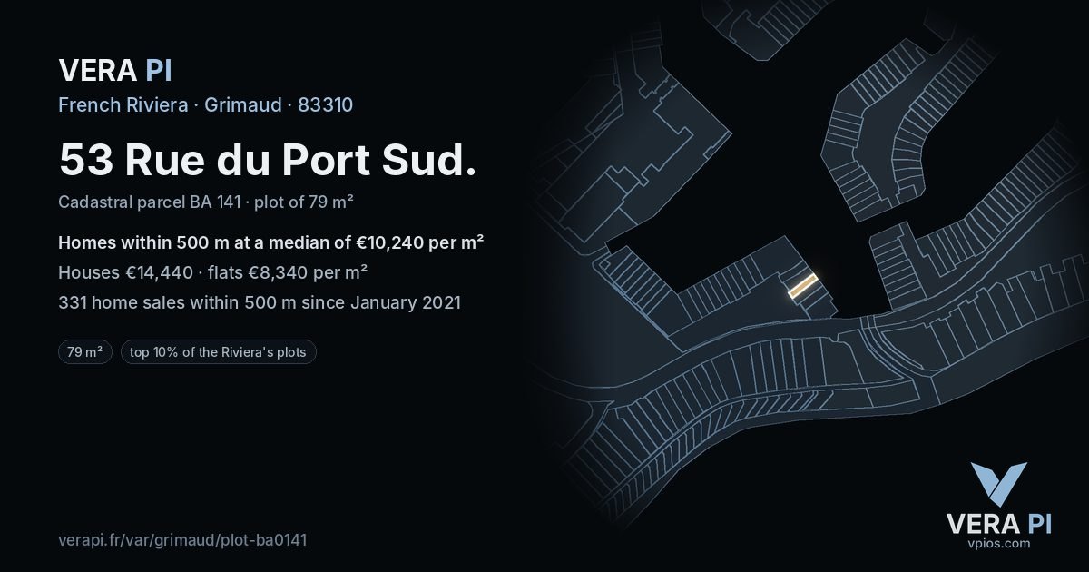 53 Rue du Port Sud, Grimaud at night – the plot lit, the parcels around coloured by the prices near them