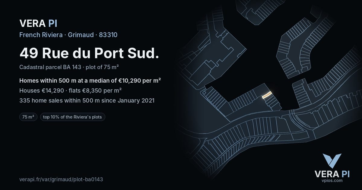 49 Rue du Port Sud, Grimaud at night – the plot lit, the parcels around coloured by the prices near them
