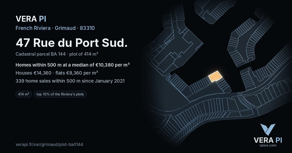 47 Rue du Port Sud, Grimaud at night – the plot lit, the parcels around coloured by the prices near them