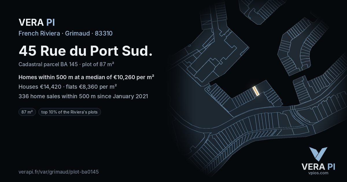 45 Rue du Port Sud, Grimaud at night – the plot lit, the parcels around coloured by the prices near them