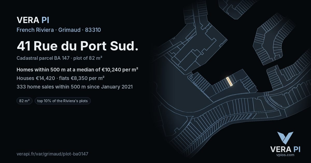41 Rue du Port Sud, Grimaud at night – the plot lit, the parcels around coloured by the prices near them