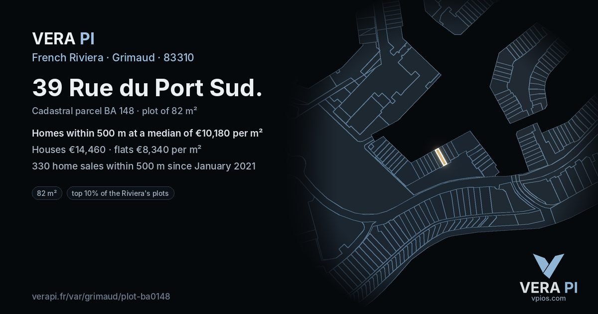 39 Rue du Port Sud, Grimaud at night – the plot lit, the parcels around coloured by the prices near them