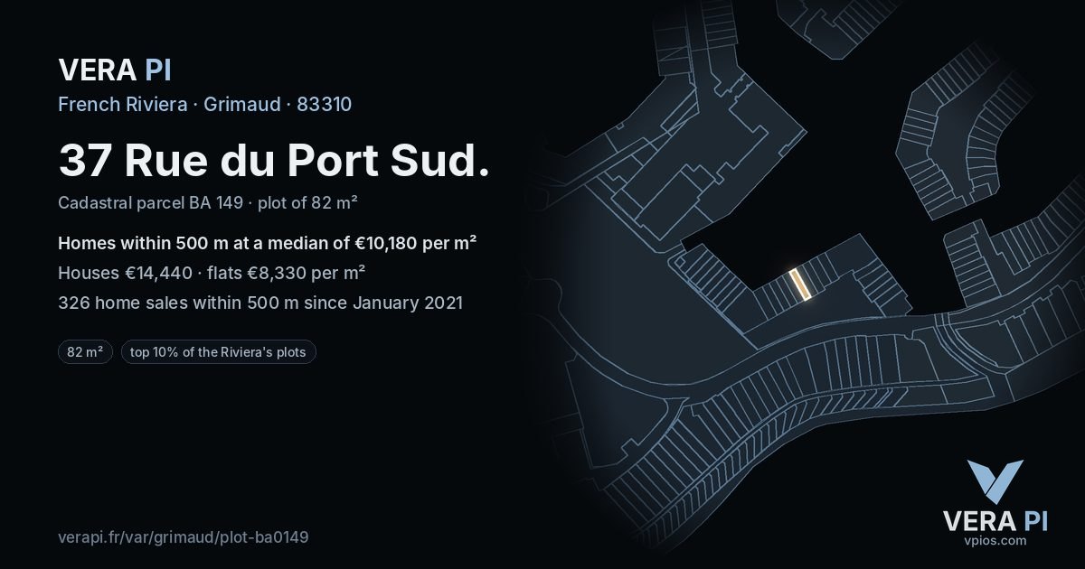 37 Rue du Port Sud, Grimaud at night – the plot lit, the parcels around coloured by the prices near them