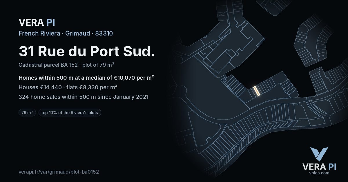31 Rue du Port Sud, Grimaud at night – the plot lit, the parcels around coloured by the prices near them