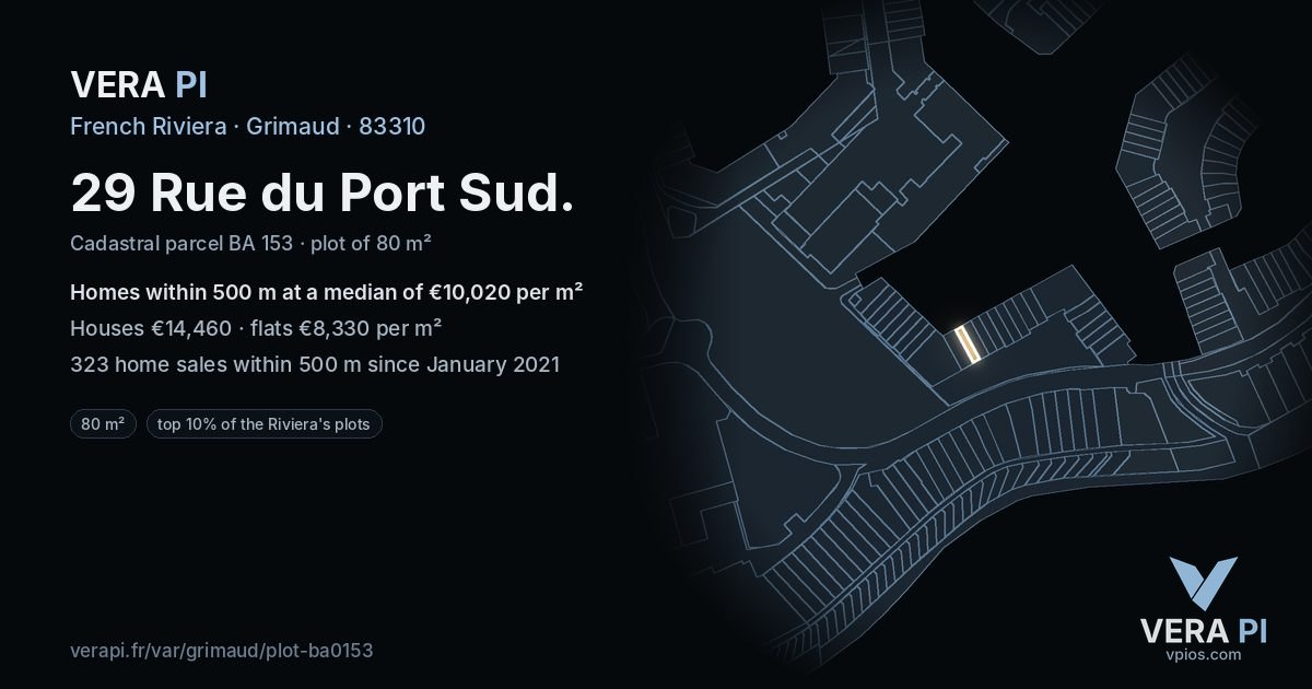 29 Rue du Port Sud, Grimaud at night – the plot lit, the parcels around coloured by the prices near them