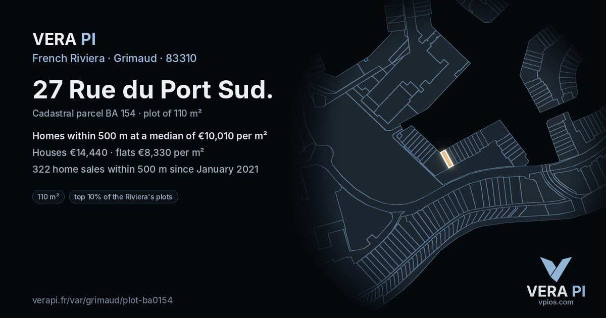 27 Rue du Port Sud, Grimaud at night – the plot lit, the parcels around coloured by the prices near them