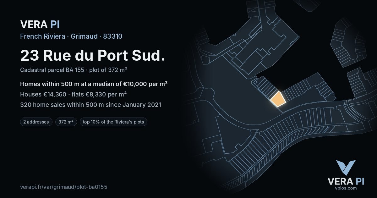23 Rue du Port Sud, Grimaud at night – the plot lit, the parcels around coloured by the prices near them