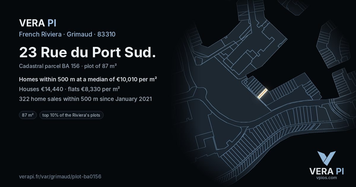 23 Rue du Port Sud, Grimaud at night – the plot lit, the parcels around coloured by the prices near them