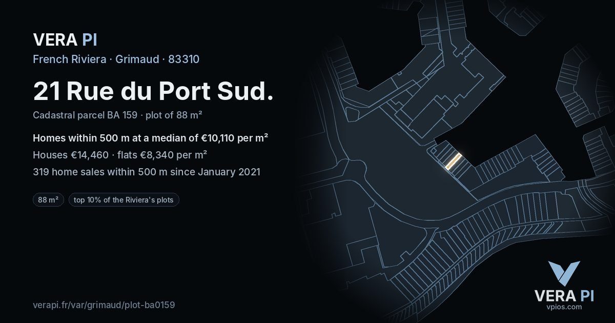 21 Rue du Port Sud, Grimaud at night – the plot lit, the parcels around coloured by the prices near them