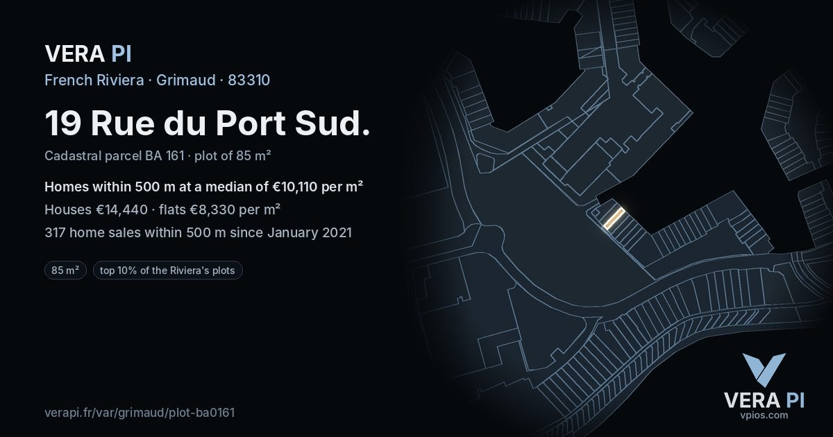 19 Rue du Port Sud, Grimaud at night – the plot lit, the parcels around coloured by the prices near them