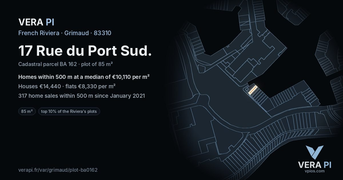 17 Rue du Port Sud, Grimaud at night – the plot lit, the parcels around coloured by the prices near them
