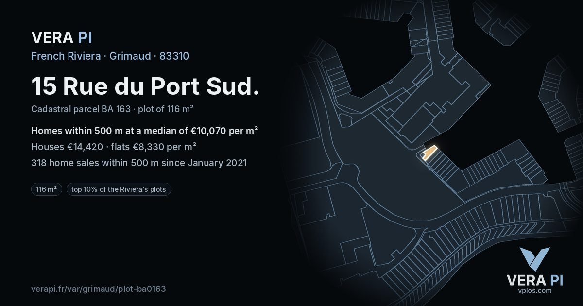 15 Rue du Port Sud, Grimaud at night – the plot lit, the parcels around coloured by the prices near them