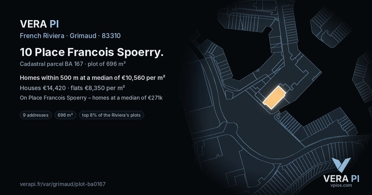 10 Place Francois Spoerry, Grimaud at night – the plot lit, the parcels around coloured by the prices near them